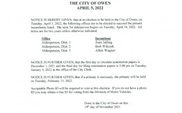 Notice of Spring Election - City of Owen
