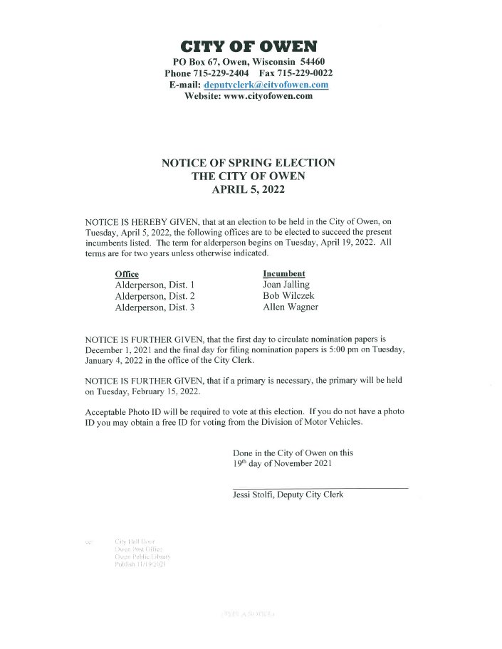 Notice of Spring Election - City of Owen