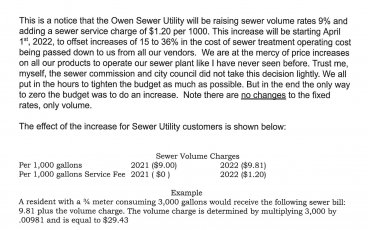 Owen Sewer Utility 2022 Notice of Rate Increase