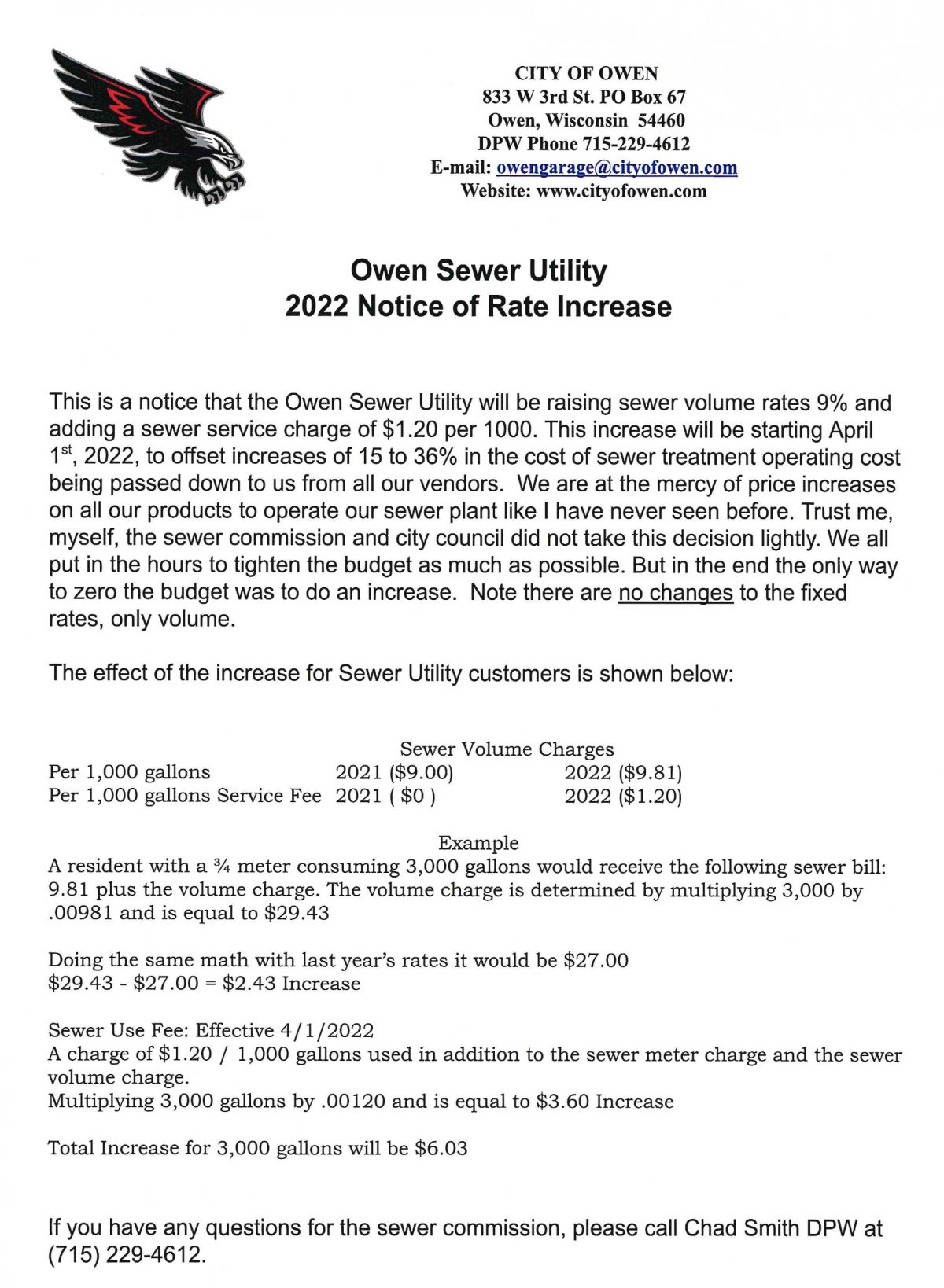 Owen Sewer Utility 2022 Notice of Rate Increase